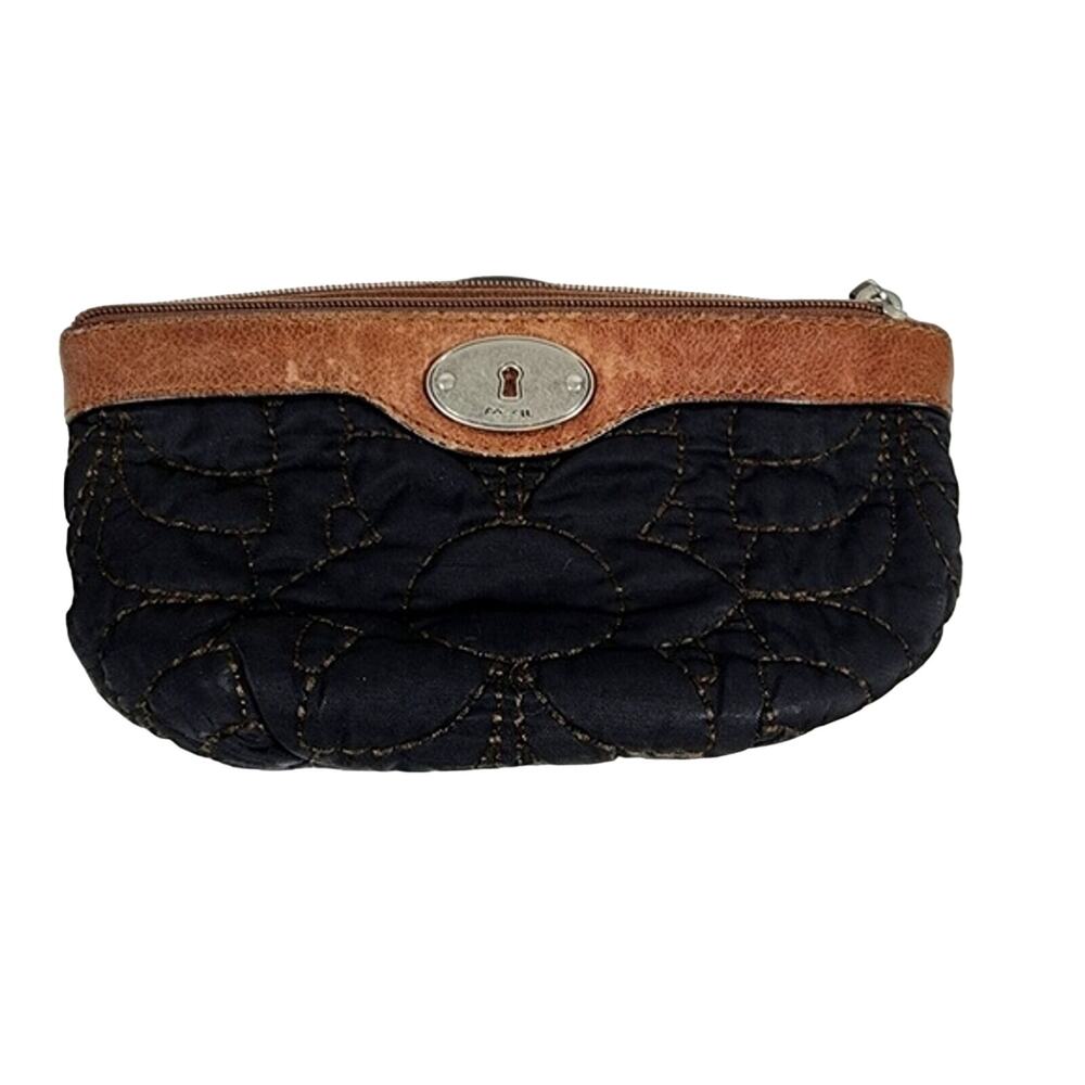 Black Embroidered and Leather Fossil Coin Purse